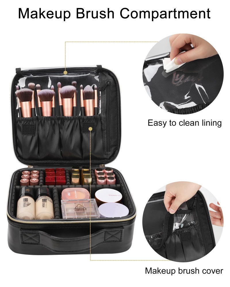 Relavel Makeup Bag  Travel Cosmetic Train Case Organizer Portable Artist Storage Bag with Adjustable Dividers for Cosmetics Makeup Brushes Toiletry Jewelry Digital Accessories Quilted Leather Black - Image 3
